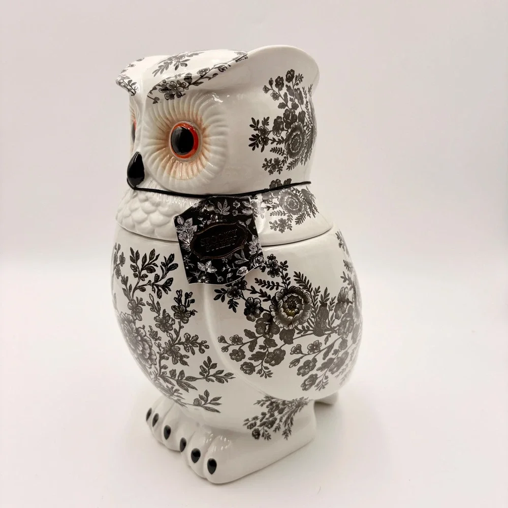 Spooky Street Owl Cookie Jar White Black Floral Toile Ceramic 78oz Halloween New
